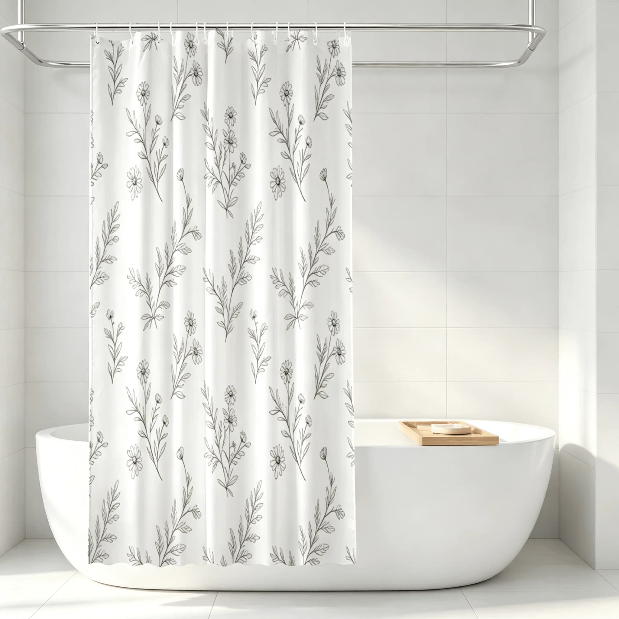 Minimalist Line Daisy Floral Shower Curtain Waterproof Polyester Simple White Botanical Bathroom Bathtub Partition Decor Curtain