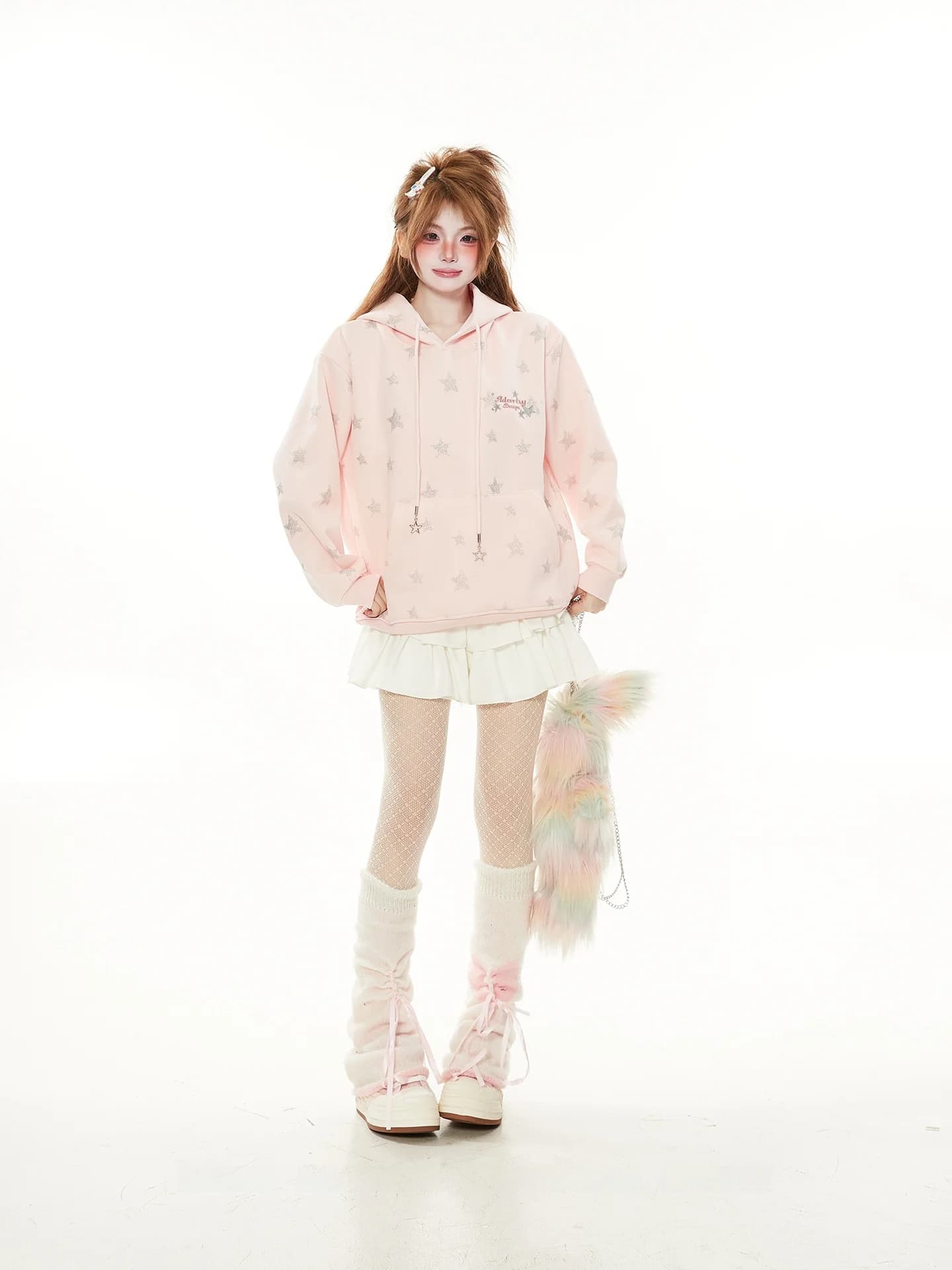 Felpa con Cappuccio Stile Coreano con Stampa di Stelle Luccicanti, Rosa Dopamina, per Donna, Primavera-Autunno