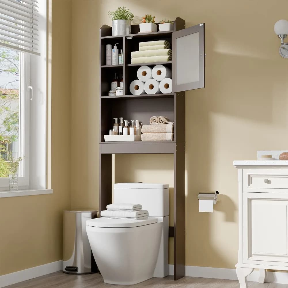 Mobiletto portaoggetti da bagno sopra il WC in legno con ripiano regolabile, marrone