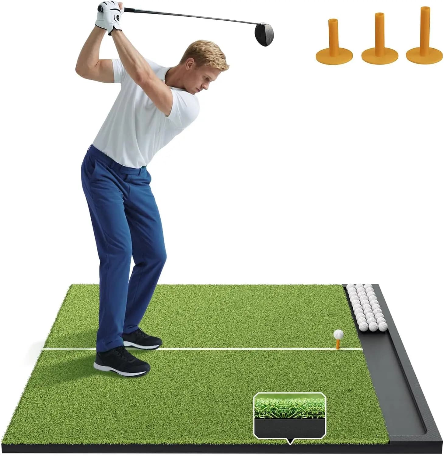 Golf Hitting Mat With Ball Tray For Pro Turf Practice Golf Practice Mat For Indoor Outdoor Simulator Swing Chipping Training Golf Mat With Alignment Line Green 5×4 ft ELITE Turf – 26mm / Line
