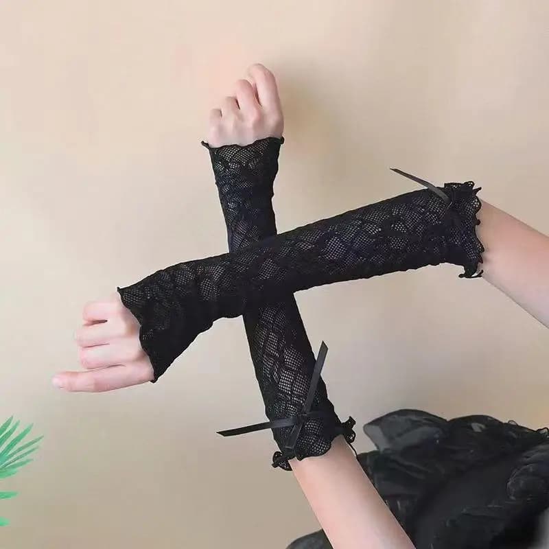 Guanti Estivi Lunghi in Pizzo con Rete e Volant, Senza Dita, Protezione Solare, Maniche Sottili, Stile JK Lolita Kawaii Sexy, Guanti a Rete
