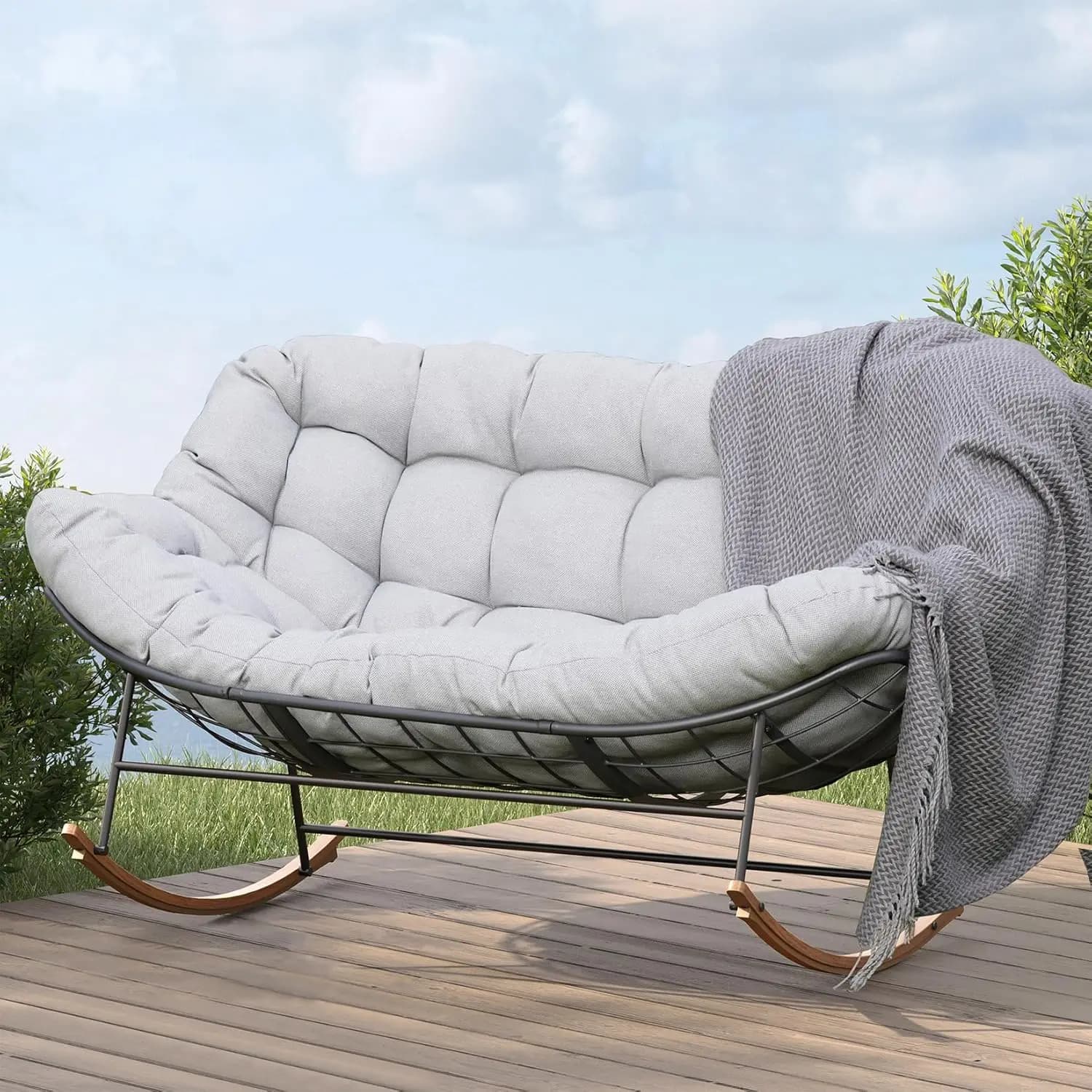Sedia da roccia per esterni, sedia a dondolo oversize Papasan per 2 persone con struttura in acciaio rivestito E e cuscino spesso, comodo divanetto da patio