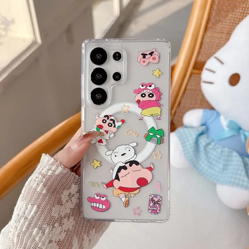 Custodia per telefono Magsafe con ricarica wireless a tema Crayon Shin-chan per Samsung S23 S24 S25 S26 Ultra Plus A56, cover magnetica 3D