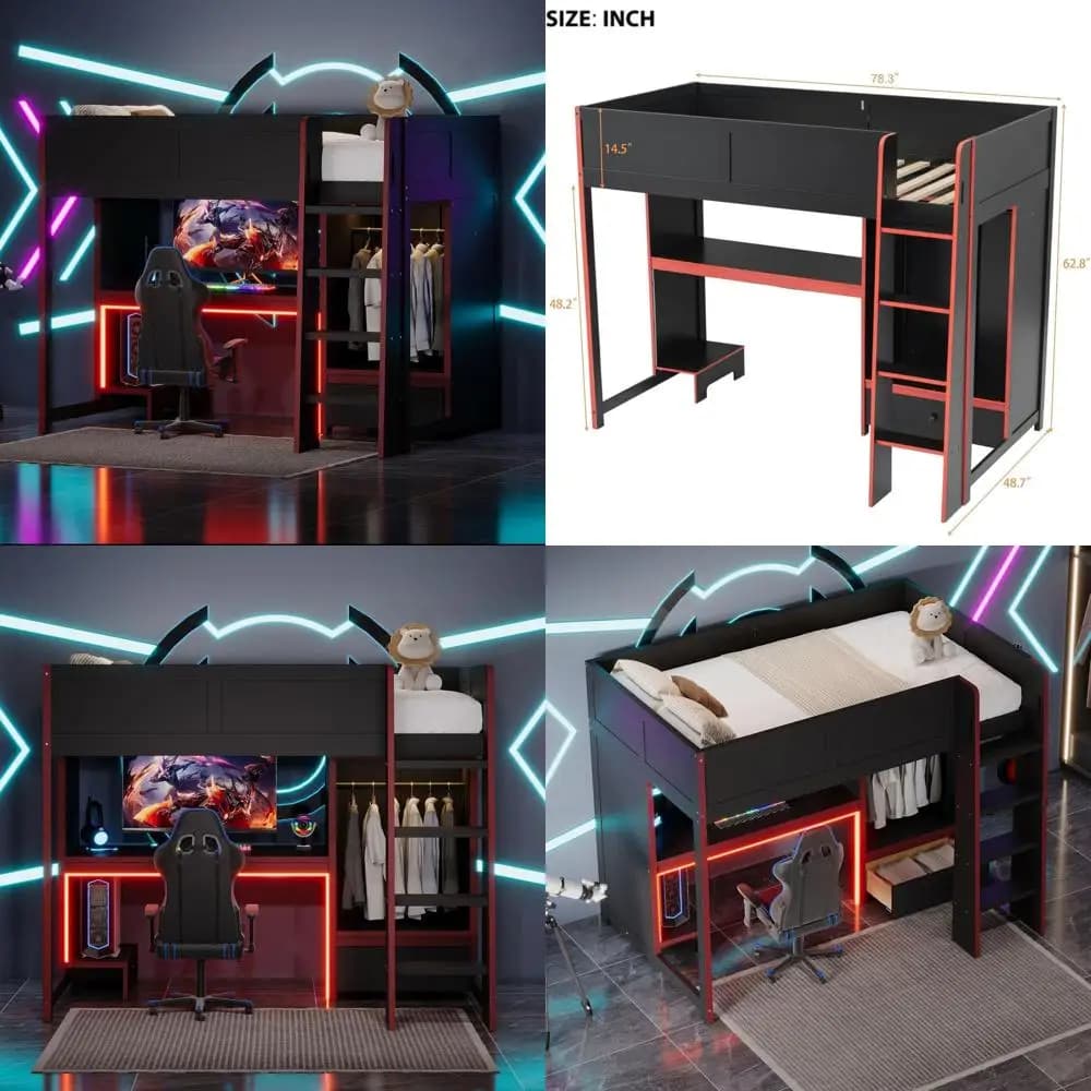 Letto a castello con scrivania e armadio, illuminazione a LED, adatto per gaming e tutte le età, nero