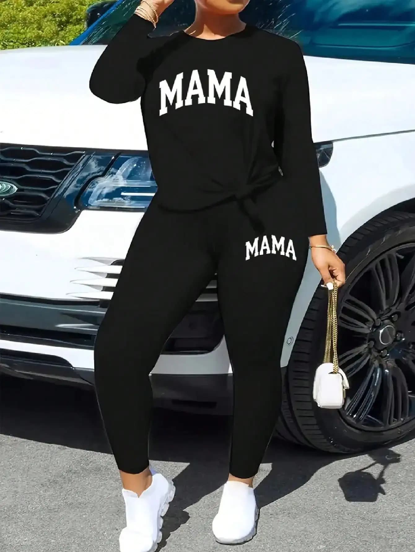 2026 Ladies' casual printed solid-color round-neck long-sleeved top + solid-color printed leggings two-piece set