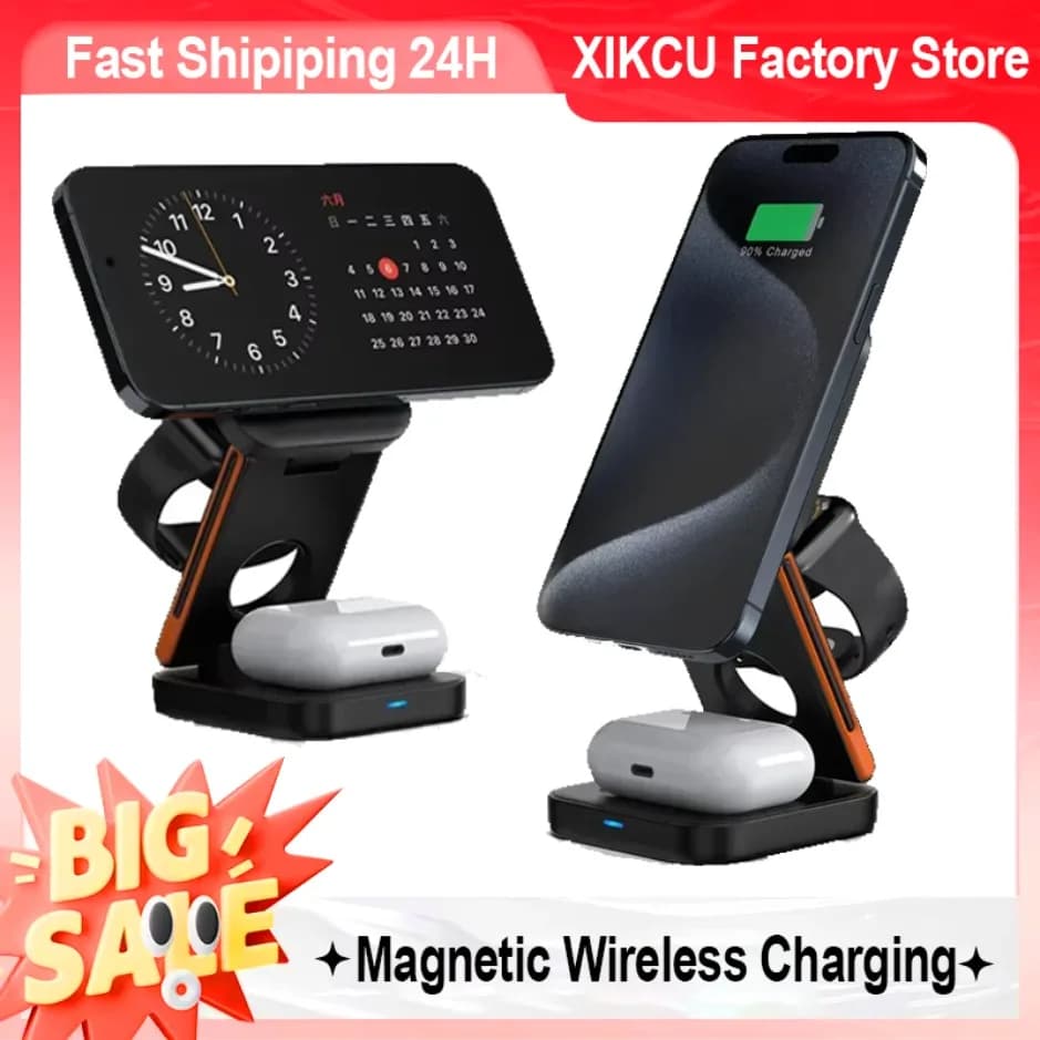 XIKCU Stazione di ricarica pieghevole 3 in 1 Supporto per caricabatterie wireless magnetico veloce per iPhone 16-12 Apple Watch 9 8 7 6 Airpods Pro