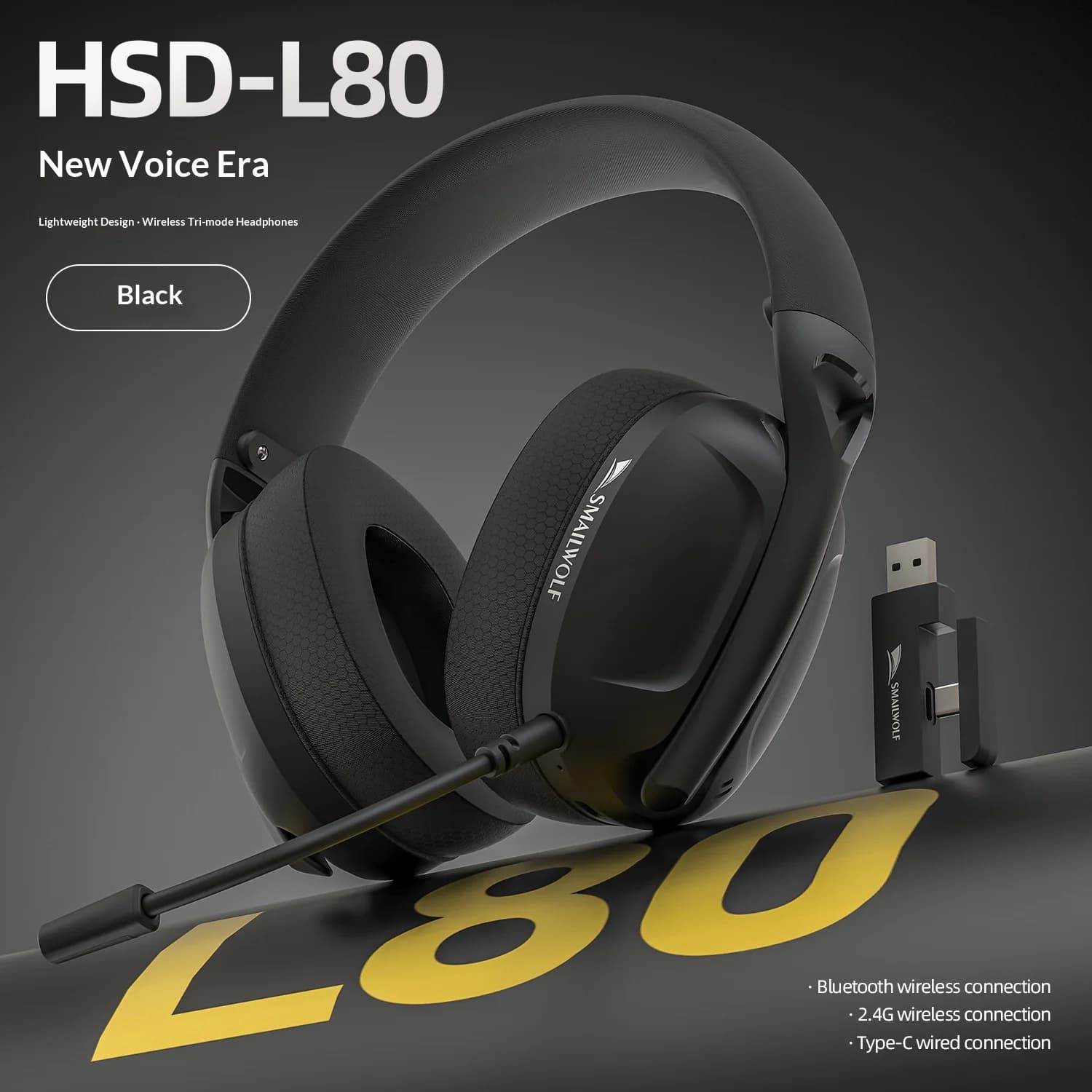SMAAILWOLF L80 WirelessThree-Mode Gaming Headset, 185g Ultra-Lightweight,Detachable Microphone, Compatible with PC/Mobile/Switch