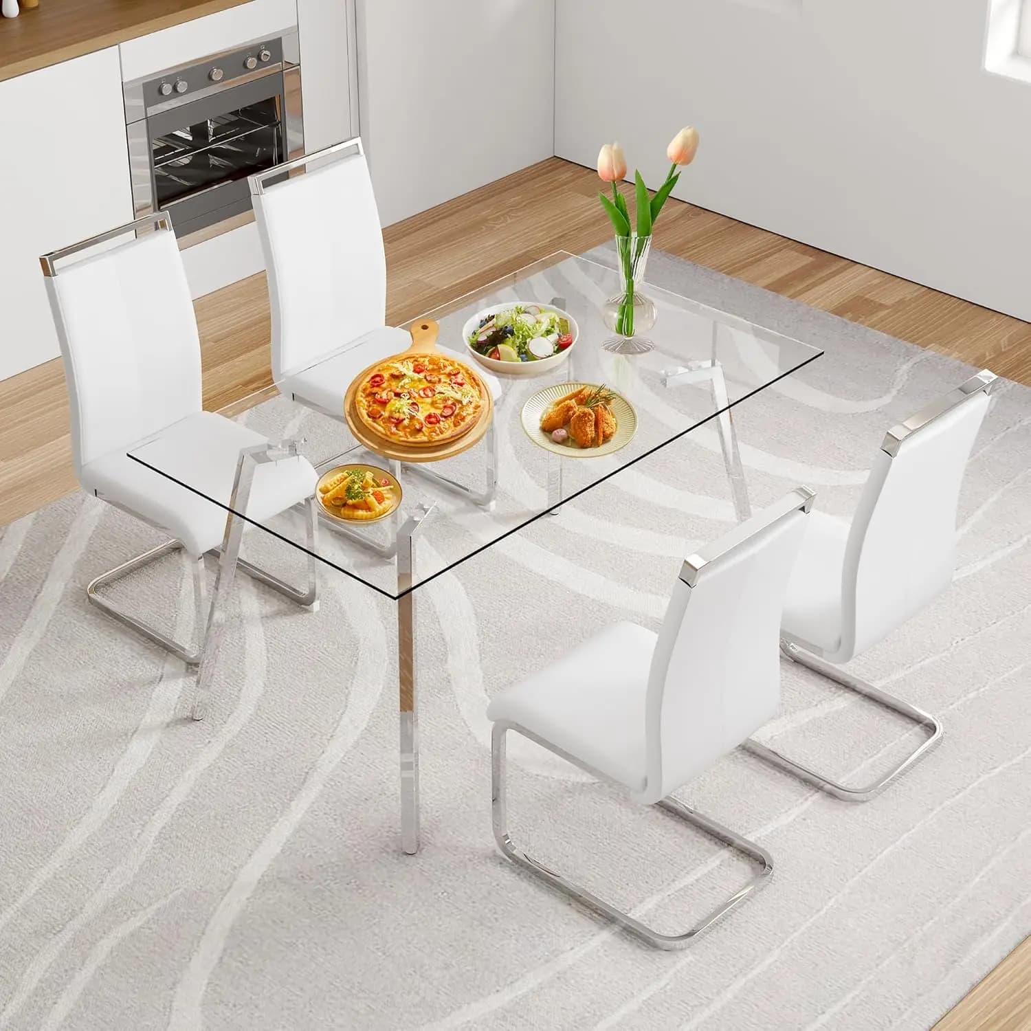 Set tavolo da pranzo in vetro 4, sedie in pelle bianca, mobili da cucina, piano temperato da 51 pollici, gambe argentate, personalizzato