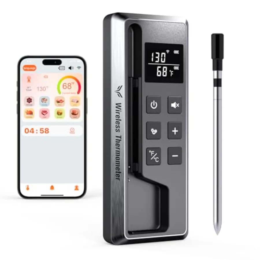 Termometro digitale wireless per carne, ideale per barbecue, forno, affumicatore, friggitrice ad aria, girarrosto; sonda in acciaio inossidabile; nero; Bluetooth 800FT