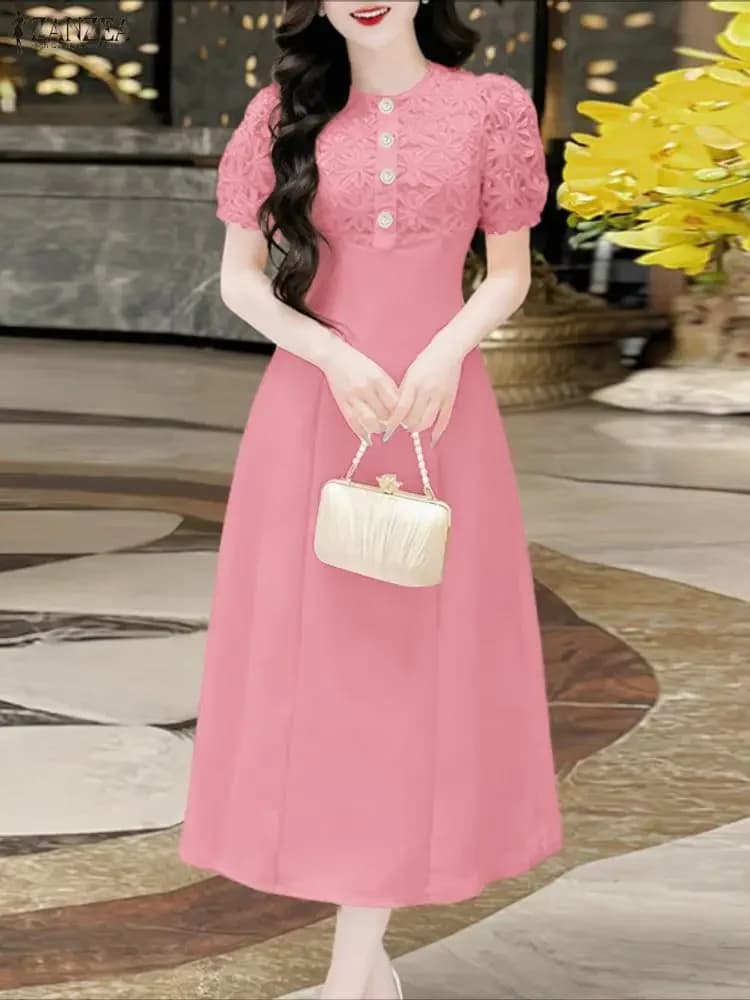 Abito da festa elegante ZANZEA Abiti eleganti patchwork in pizzo da donna 2026 Abito estivo da lavoro con maniche corte a sbuffo a vita alta Abito longuette