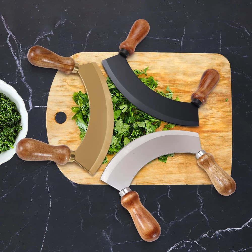 Tritatutto per erbe in acciaio inossidabile da 7 pollici Coltello mezzaluna Dessert Taglierina per pizza Manico in legno Trituratore per alimenti Cucina Comodo tritatutto