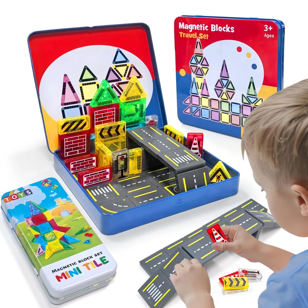 Set di costruzioni stradali magnetiche Giocattoli per bambini Regalo Blocchi magnetici Giocattoli educativi Montessori 32/58 pezzi con scatola di ferro
