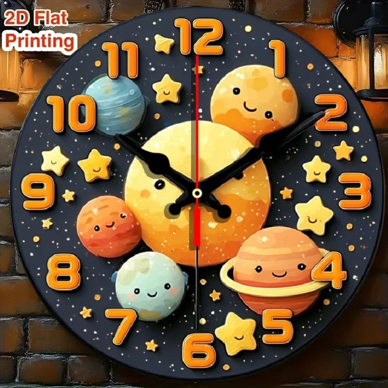 9.8 inch wooden outdoor wall clock, lovely solar system and star pattern - silent quartz movement, celestial theme room decoration, suitable for courtyard, garden, balcony - no AA batteries, ideal gift for space theme decoration