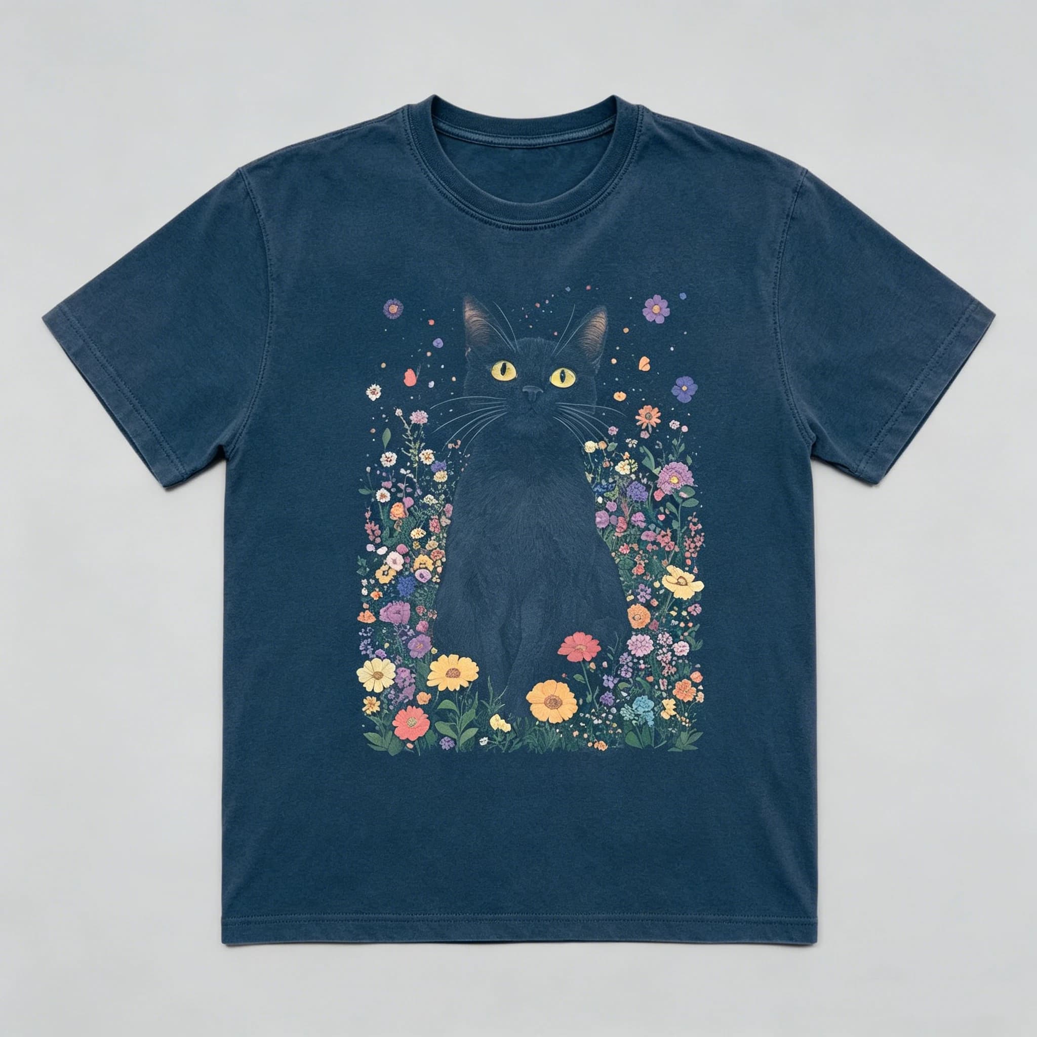 Custom Women Black Cat T Shirt Boho Flower Print Vintage Pure Cotton Short Sleeve Stylish Loose Daily Casual Top Gift