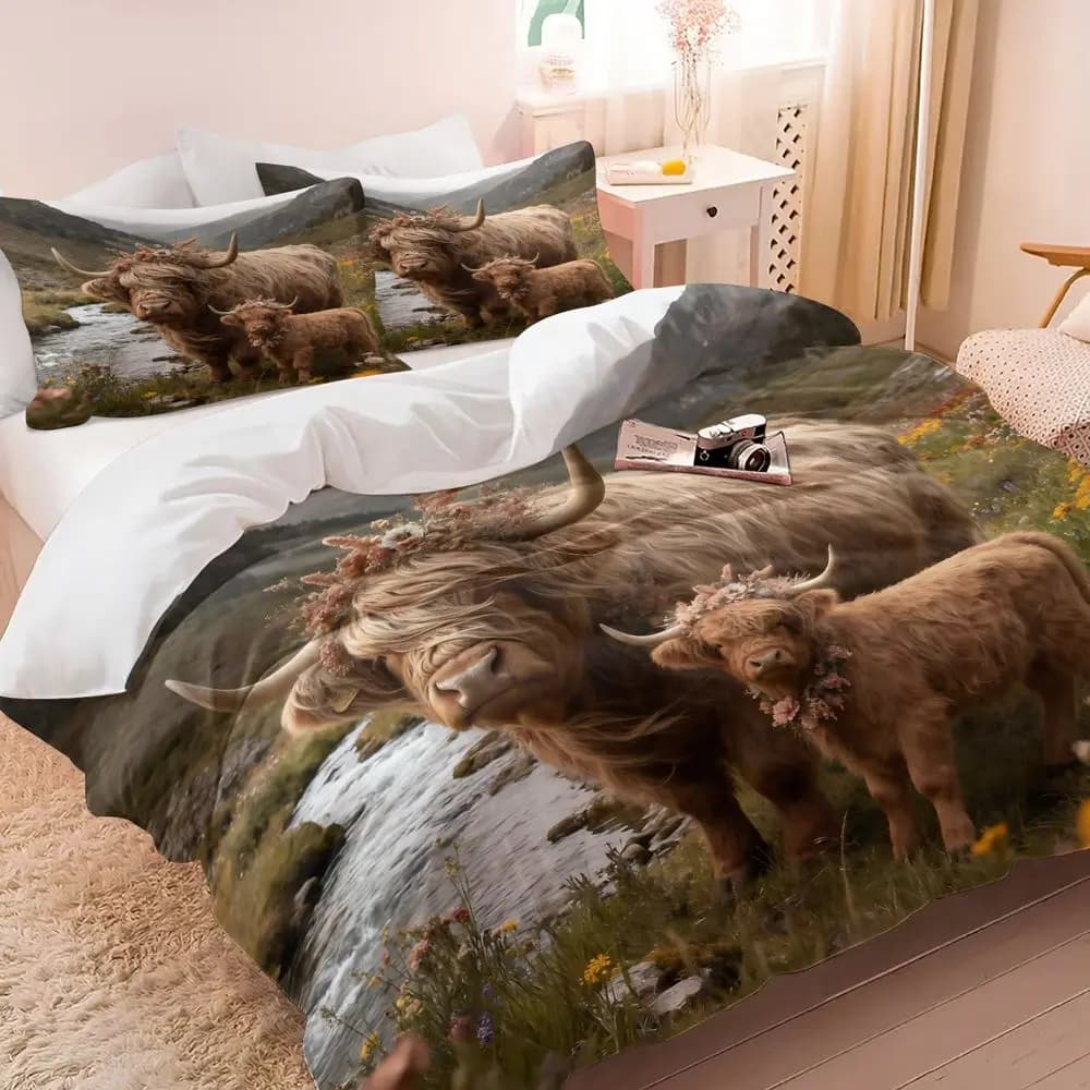 Set copripiumino floreale Highland Cow da 2/3 pezzi (1 copripiumino e 1/2 federa) Set biancheria da letto rustica e morbida per l'arredamento della camera da letto