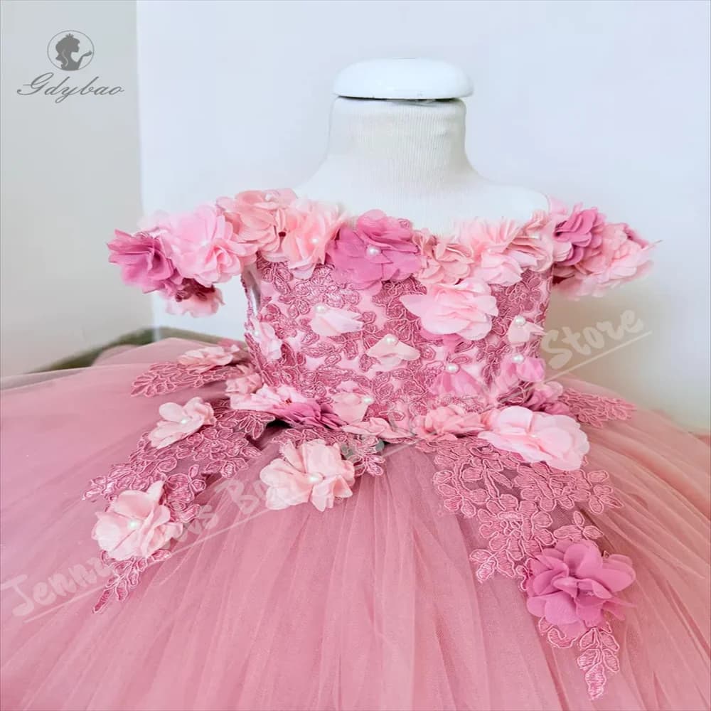 Abito da ragazza di fiore soffice rosa per matrimonio in tulle gonfio da principessa per bambini, festa di compleanno, prima comunione, abito da ballo