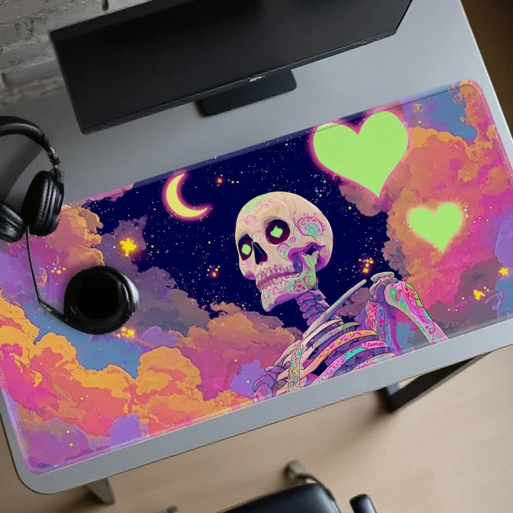 Tappetino per mouse XL con scheletro al neon del Giorno dei Morti, cielo notturno con stelle colorate, tappetino da scrivania da gioco con base in gomma resistente