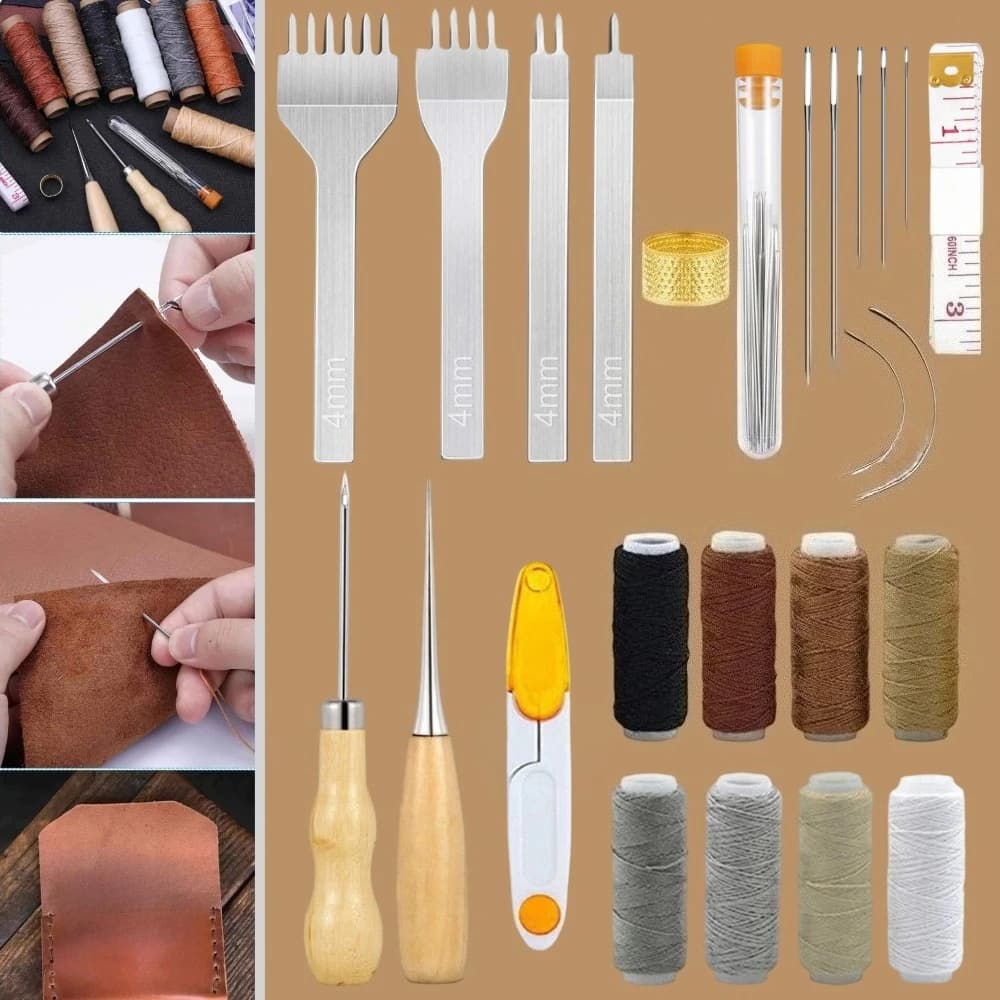 Kit da 34 Pezzi per Lavorazione Pelle, con Perforatore, Strumenti per Cucito, Filo Cerato e Aghi a Occhio Largo per Progetti Artigianali per Principianti