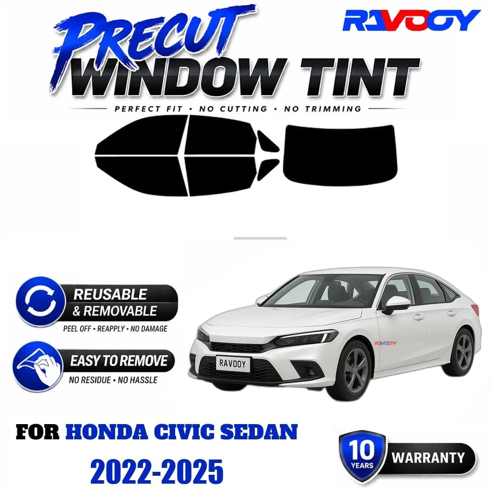 RAVOOY Precut Window Tint, Reusable Removable EPU Film, Custom Fit for Honda CIVIC SEDAN 2022-2025, UV Heat Protection