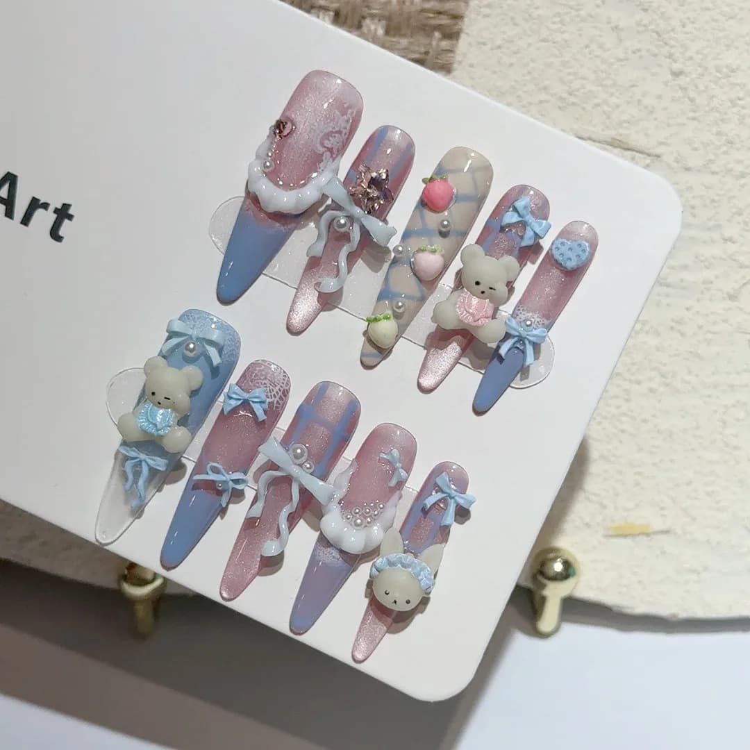 10 pieces handmade long oval print on nails with cute bear design blue bow fake nails wearable girls shiny cat eyes fake nails