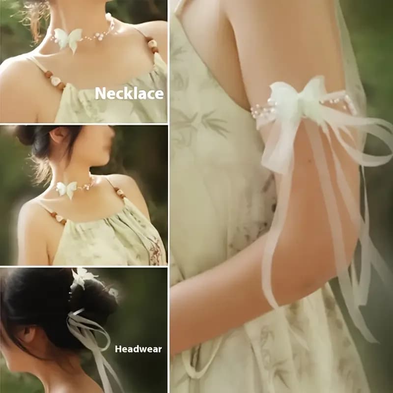 Bracciale con perle a farfalla Collana con nastro Catena con clavicola Set di gioielli con fiori tridimensionali Regalo personalizzato di nicchia igh-end