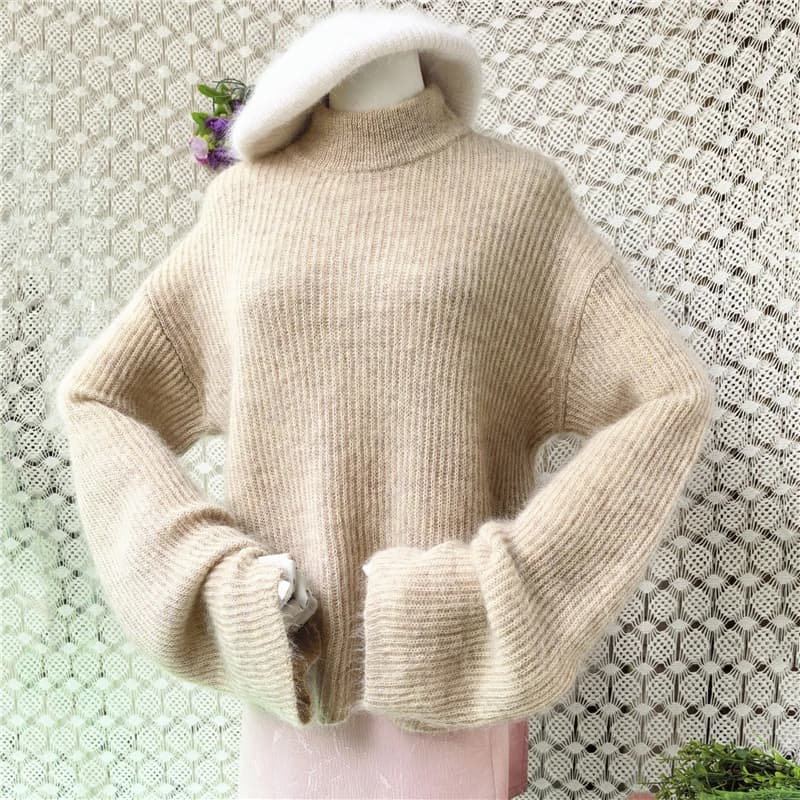 Ladies Women Spring Autumn Clothing Soft Hairy Mohair Wool Knitted Mock Neck Long Flare Sleeves Loose Pullover Sweater Jumper