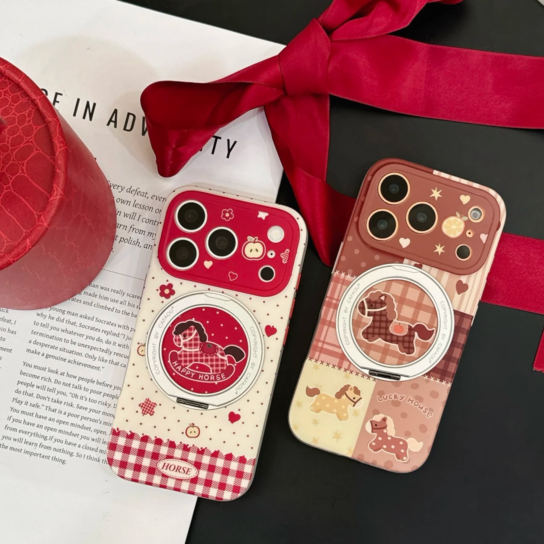 IMD Doppio Strato 360 ° Custodia Originale Happy Horse Plaid con Supporto Girevole Anti-Caduta per iPhone 17 16 15 Pro Max