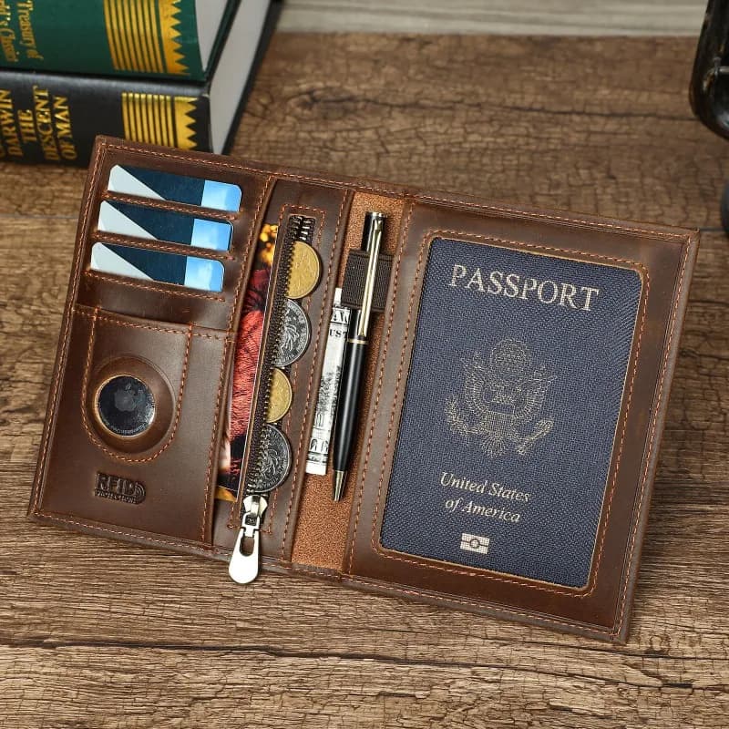 Men's Genuine Leather Passport Holder with Crazy Horse Leather AirTag and Anti-Skimming Protection Multi-Card Slot Travel Wallet