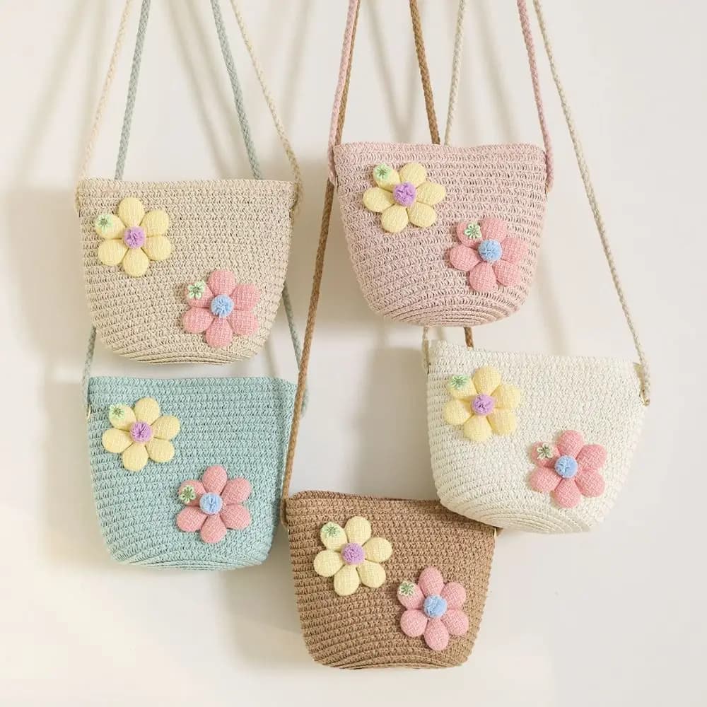 Borsa a tracolla estiva in paglia intrecciata fatta a mano per bambina, con cerniera, portamonete, accessorio per foto da spiaggia
