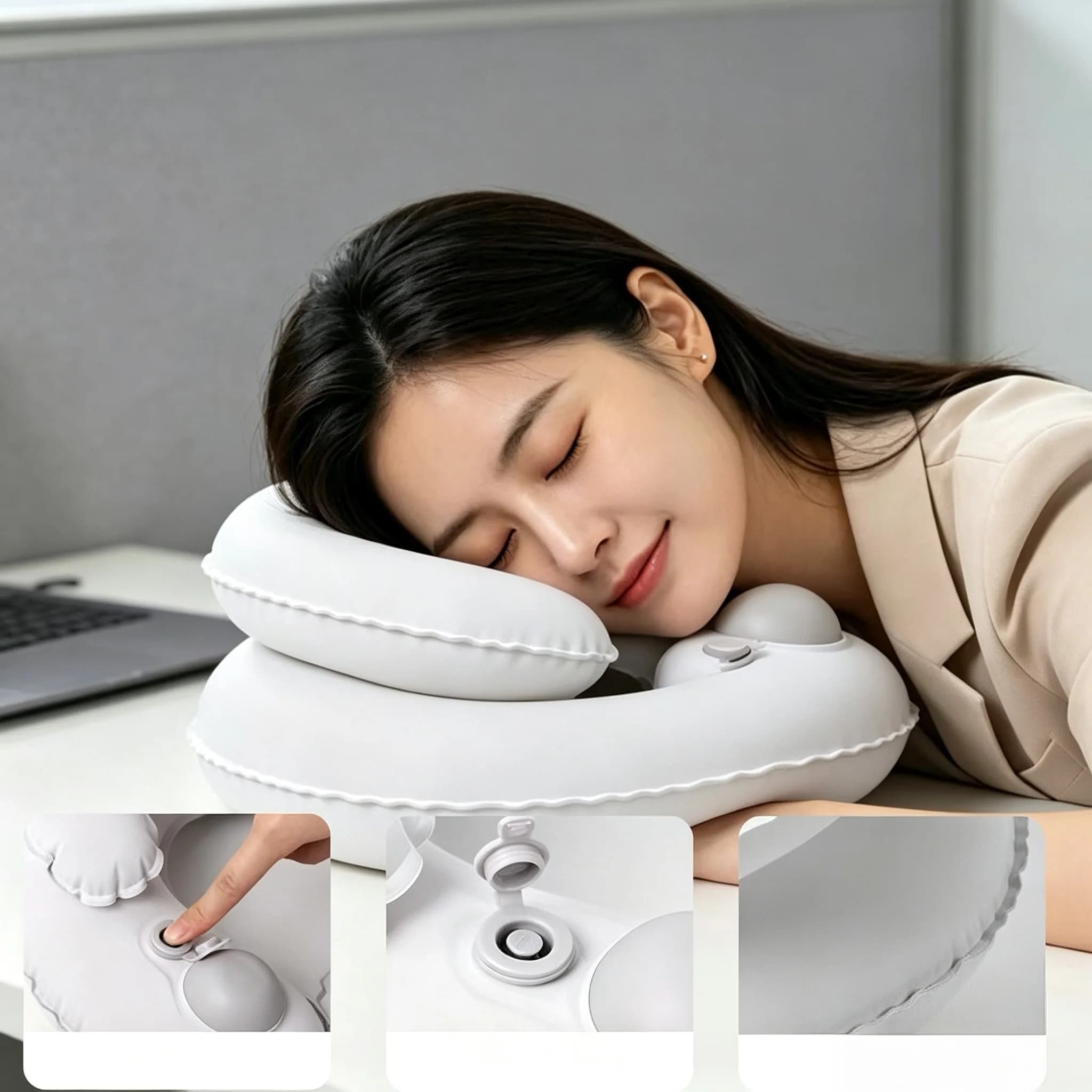 Inflatable U-Shaped Neck Pillow, Press-to-Inflate Foldable for Travel Airplane Nap Outdoor Sleep