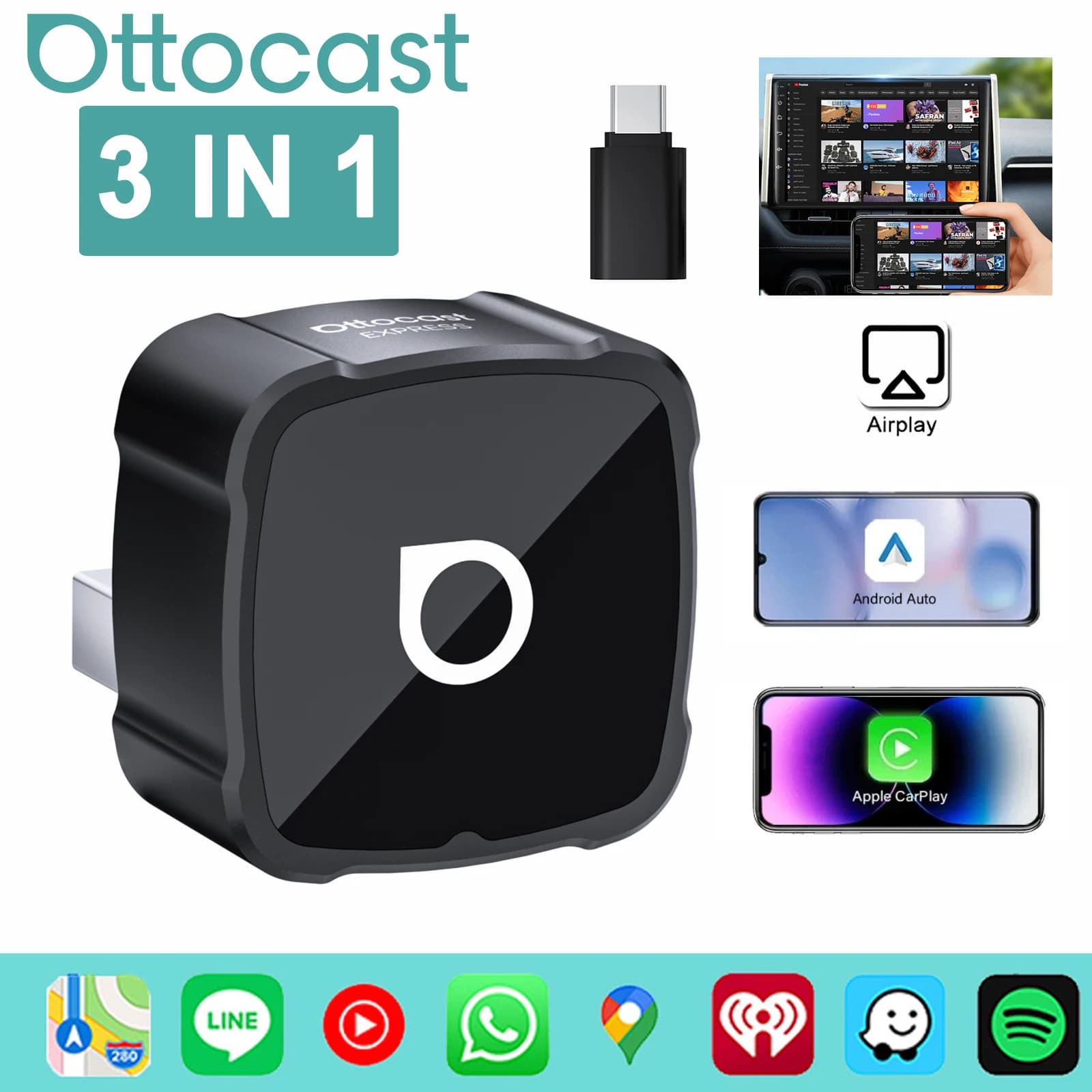 OTTOCAST MINI AIR Cube 4.0 Adattatore Wireless CarPlay Android Auto 3 in 1 Dongle Airplay per Mirroring Schermo Accessori Auto