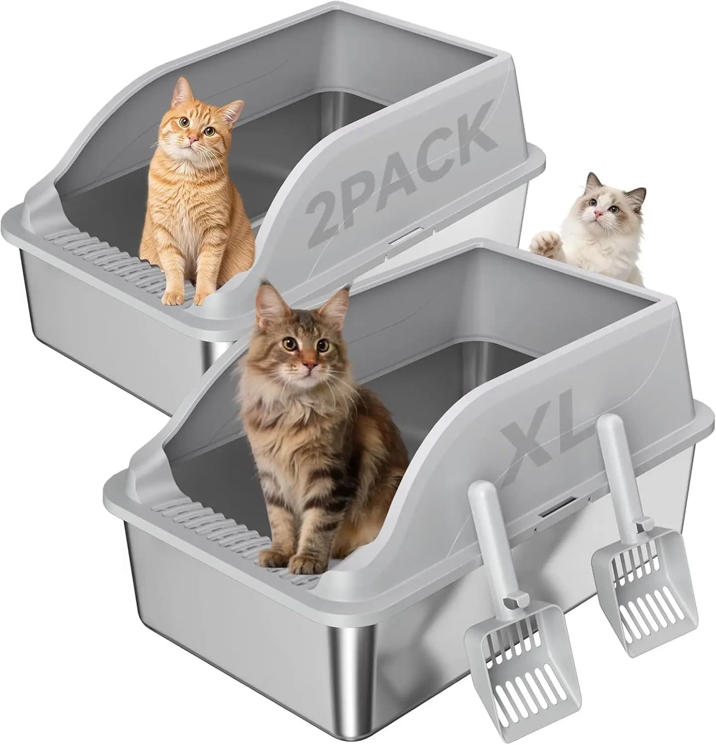 XL Stainless Steel Cat Litter Box 2-Pack, High Sides, Odor-Free, Easy Clean, Includes Scoops & Pads