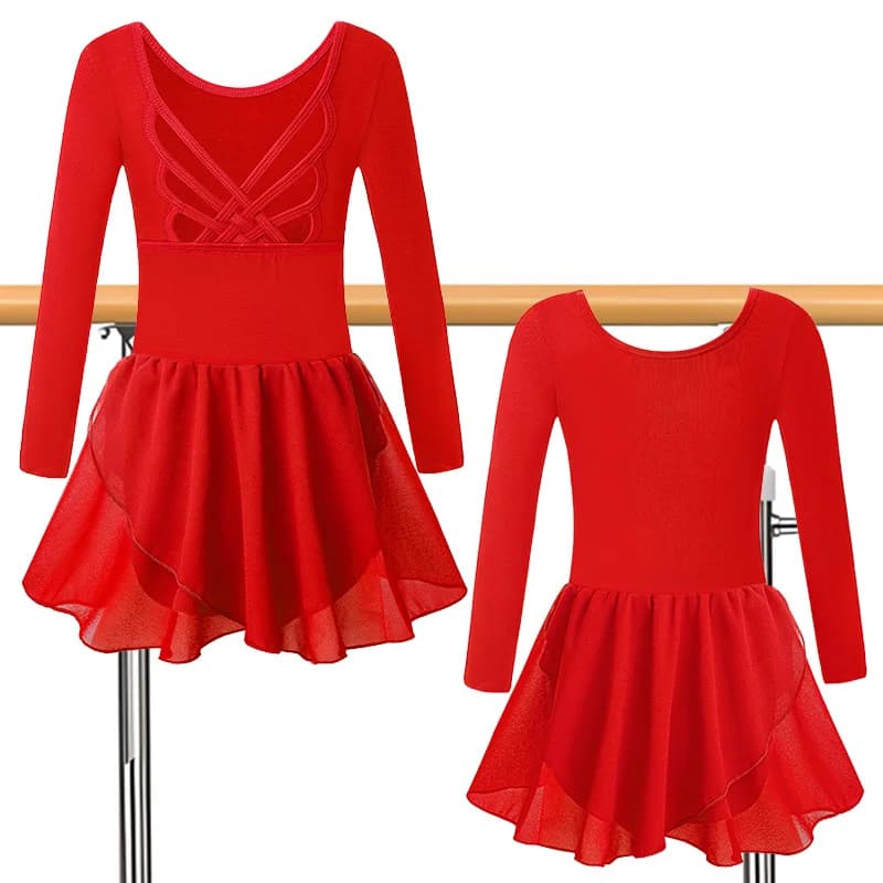 Girls Christmas Long Sleeve Ballet Dance Leotards for girl Gymnastics Skirts with Butterfly Hollow Back and Lining Dance Dress