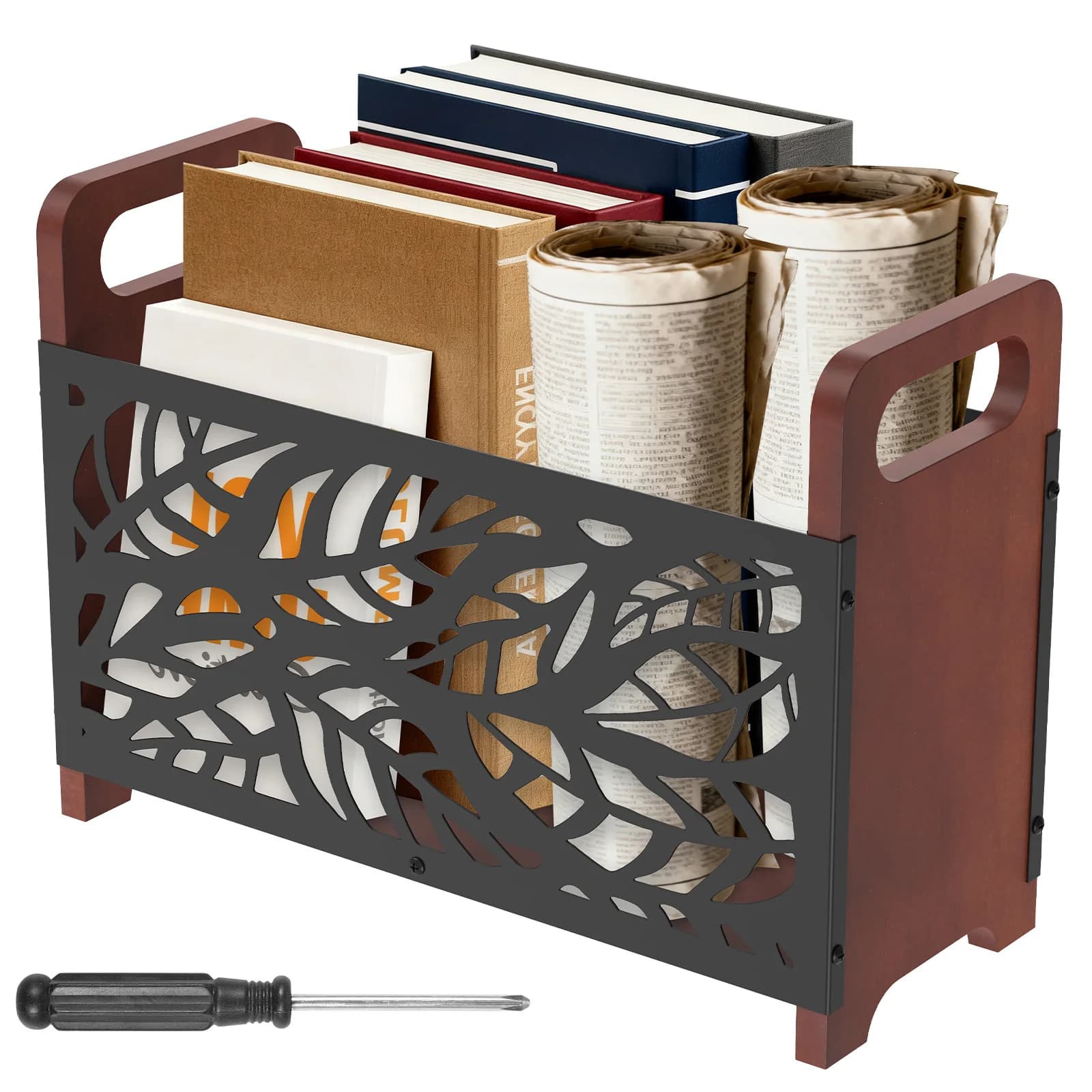 Cestino portaoggetti per riviste, portariviste in legno, portariviste, organizer per cartelle da tavolo con manico per tavolino, libreria