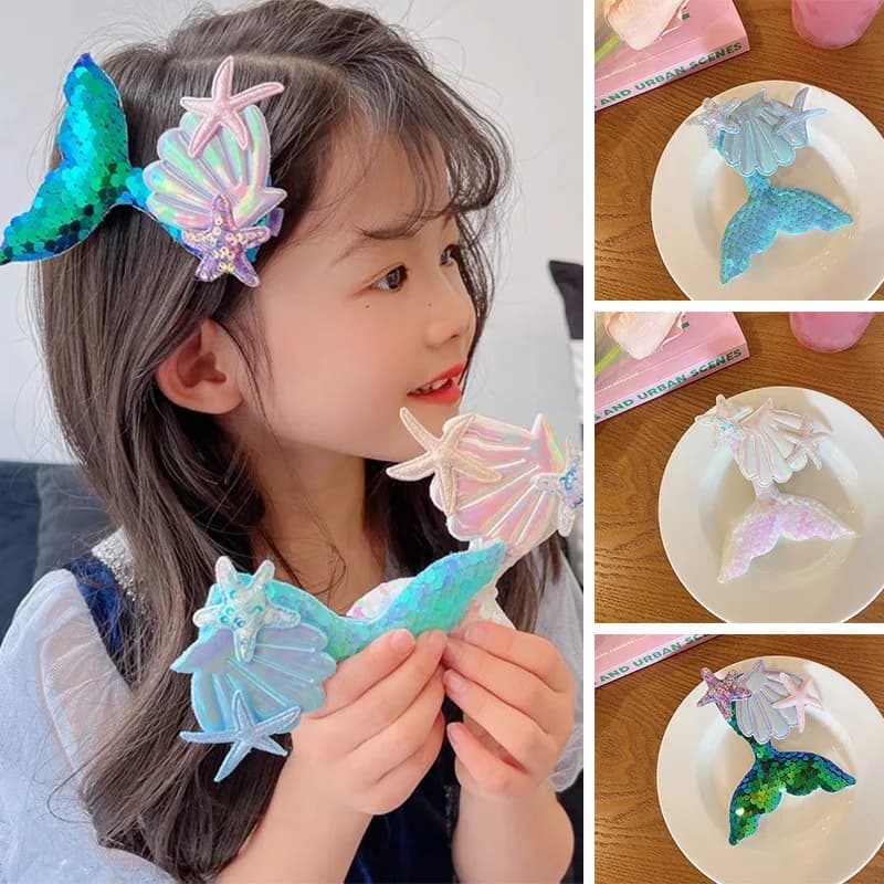 1PCS New Starfish Shell Sequin Mermaid Princess Baby Girls Hairpins Hair Clips Cute Kids Headwear Children Accessories