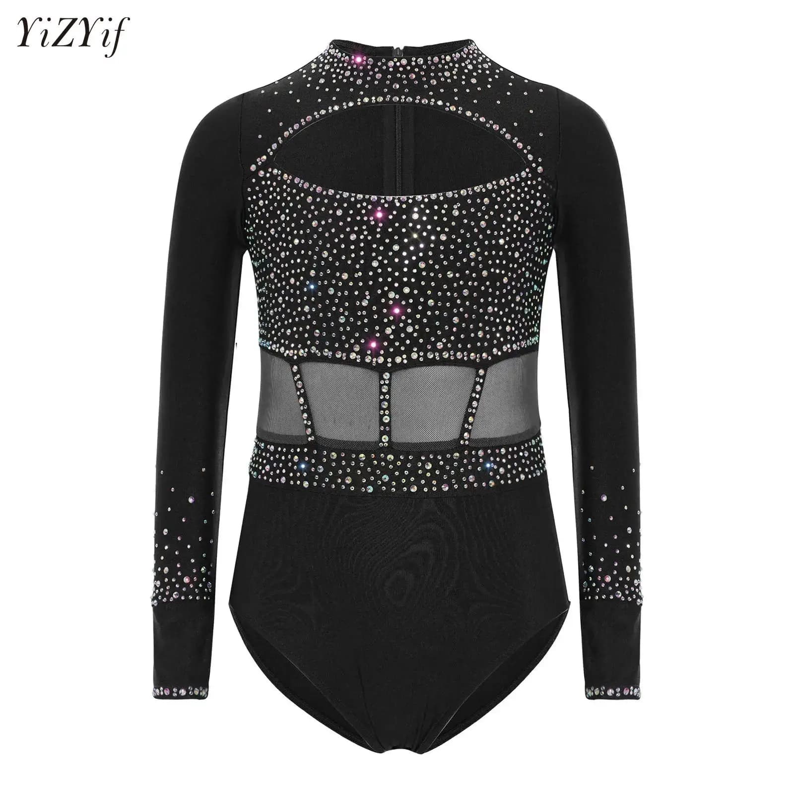 Costume da competizione per bambina, ginnastica ritmica, pattinaggio di figura, balletto, performance, body in jersey, strass lucidi