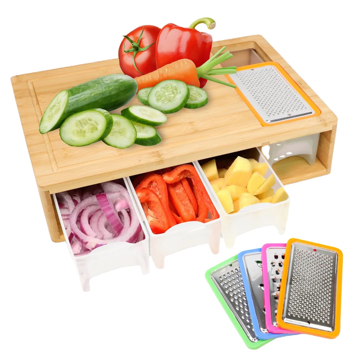 Large Multi-Functional Bamboo Cutting Board with 4 Container Vegetable Chopping Blocks Tray Wood Butcher Draw Blocks