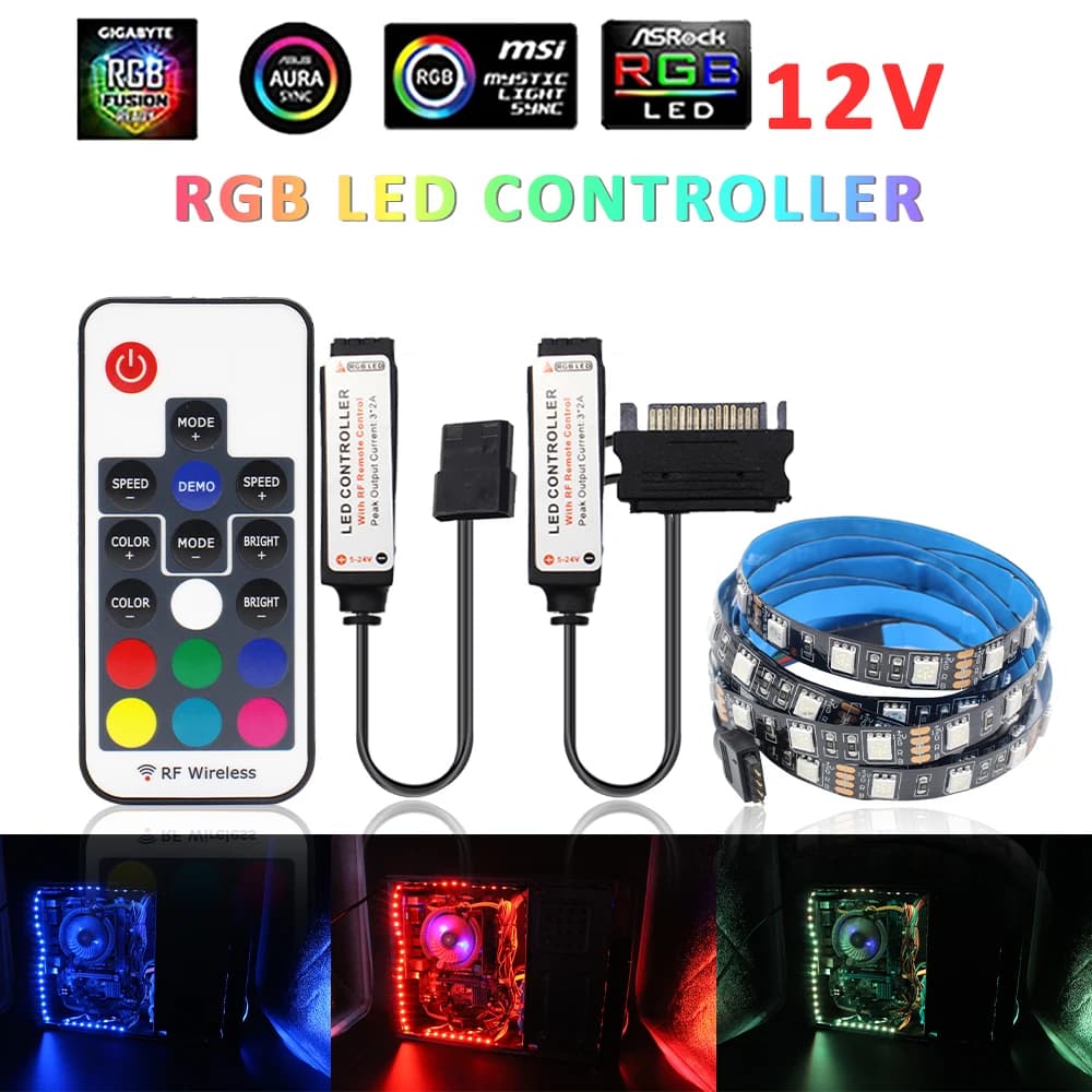 12V 5050 RGB PC LED Strip Light Computer Case Lamp Tape PC Cace SATA Large 4Pin Molex nterface Wireless 17Keys Control RGB Strip