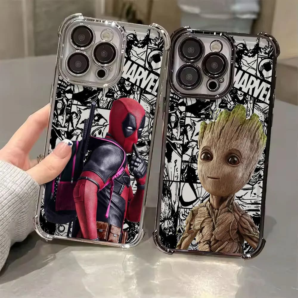 Cover per telefono con placcatura Marvel, Deadpool e Groot, anti-caduta con Airbag per iPhone 17, 17e, 16e, 16, 15, 14, 13, 12, 11 Pro Max, Mini, Air, Plus