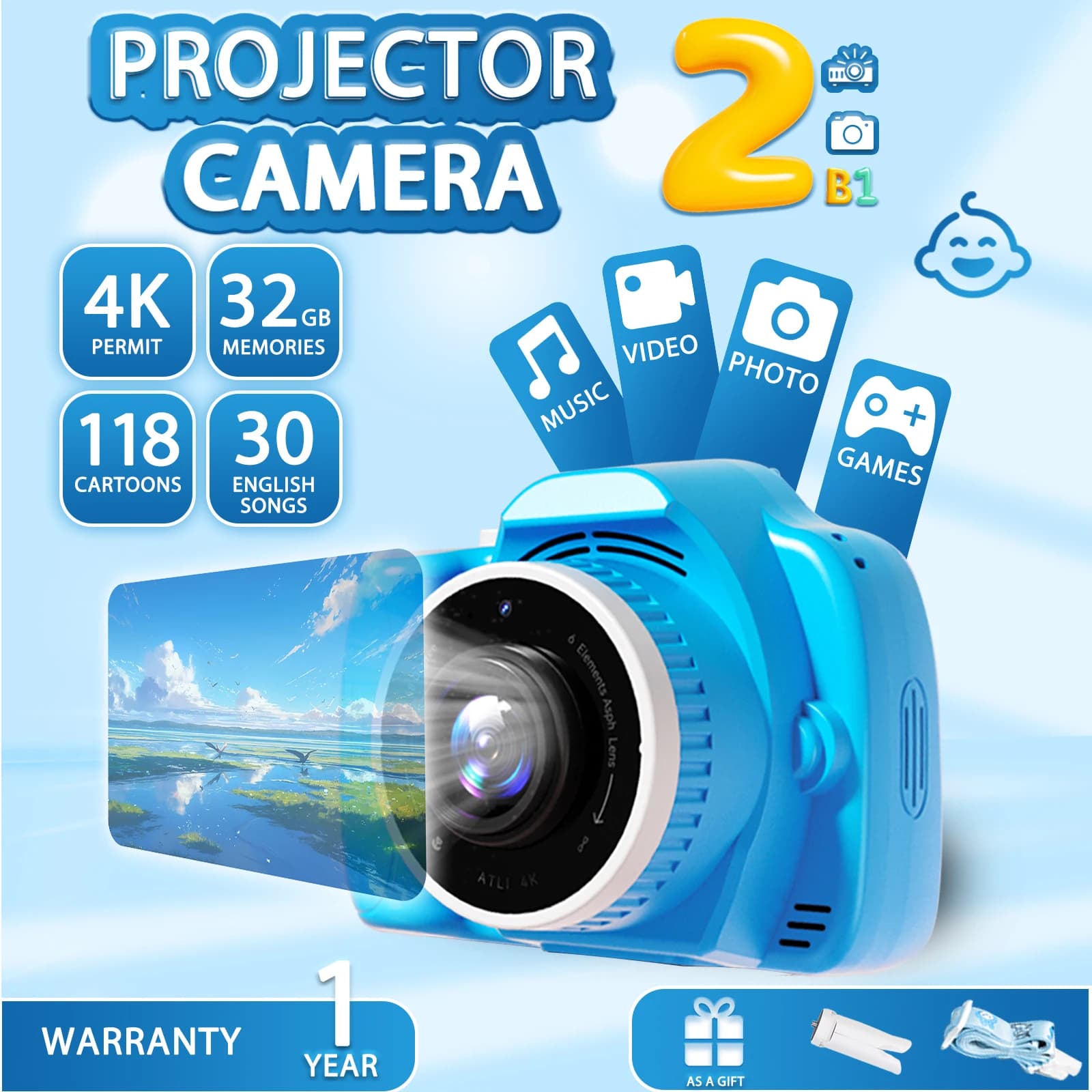 Fotocamera per bambini con proiettore, videocamera per registrazione video 1080P a grande schermo, scheda SD da 32 GB, regalo di compleanno di Natale, giocattoli portatili per