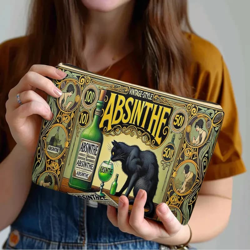 1 pezzo, borsa per cosmetici pubblicitaria Black Cat and Absinthe - Pochette multifunzionale da donna con cerniera, organizer da viaggio perfetto con cerniera, divertente regalo di compleanno