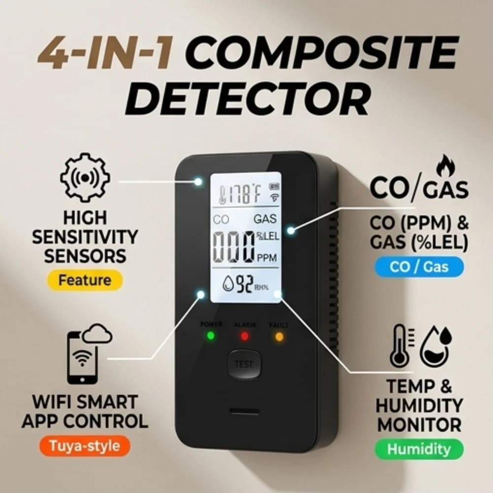 Rilevatore di Gas Professionale 4 in 1, Monitor per Monossido di Carbonio CO, Gas Naturale Combustibile, Ossigeno, Sistema di Allarme per Perdite di H2S per la Sicurezza
