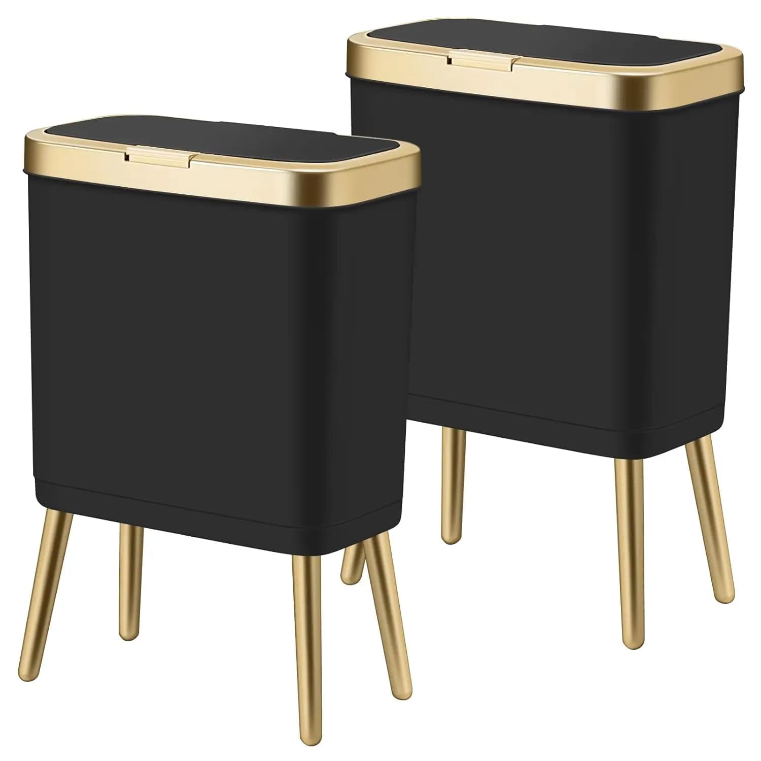 Cestino per Rifiuti da 4 Galloni con Coperchio, Bidone Stretto per Bagno, Cucina, Ufficio, Cestino con Pulsante, Nero, Confezione da 2