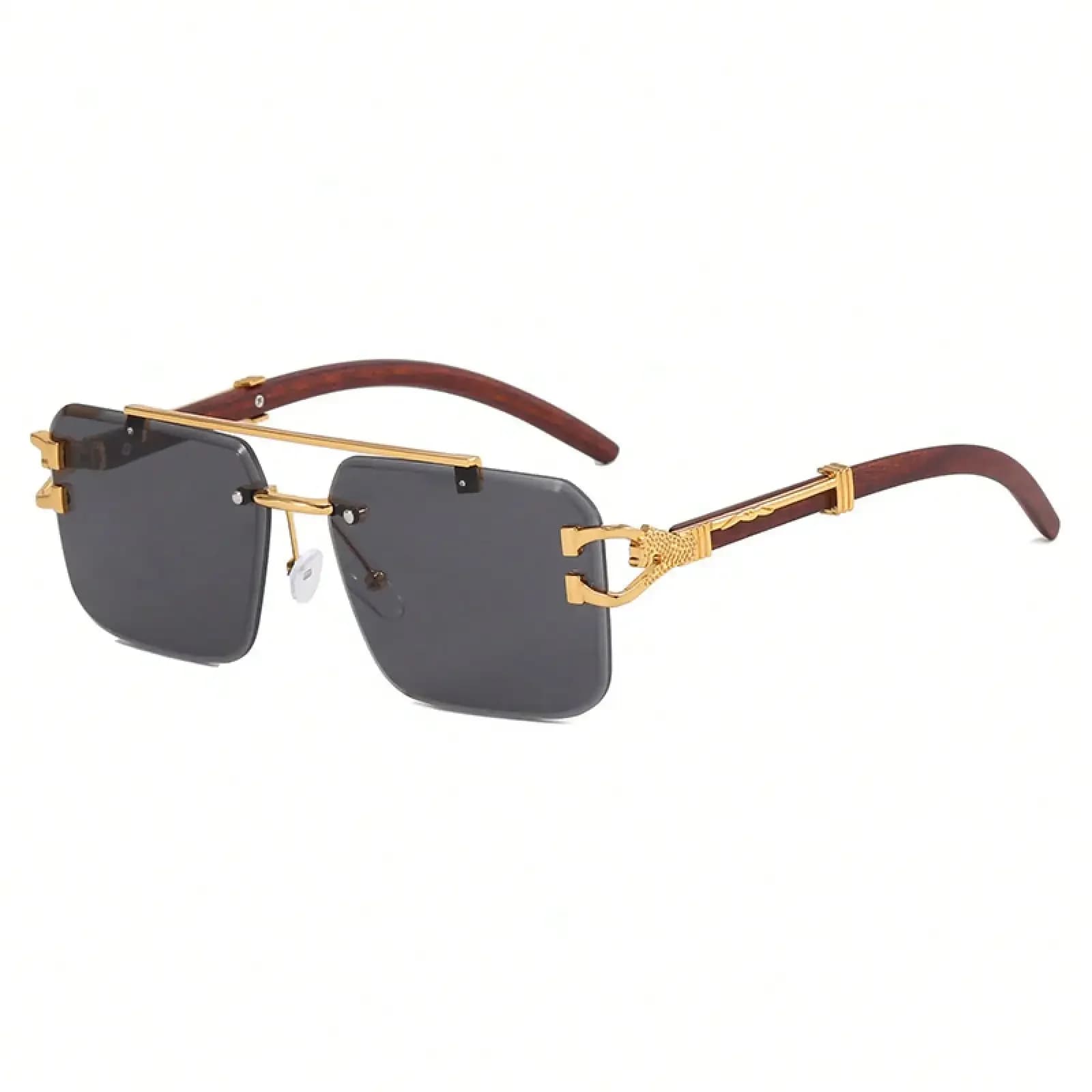 Double-Bridge Rimless Square Sunglasses 2024 New Model European And American Fashion Leopard Sunglasses Wood Grain