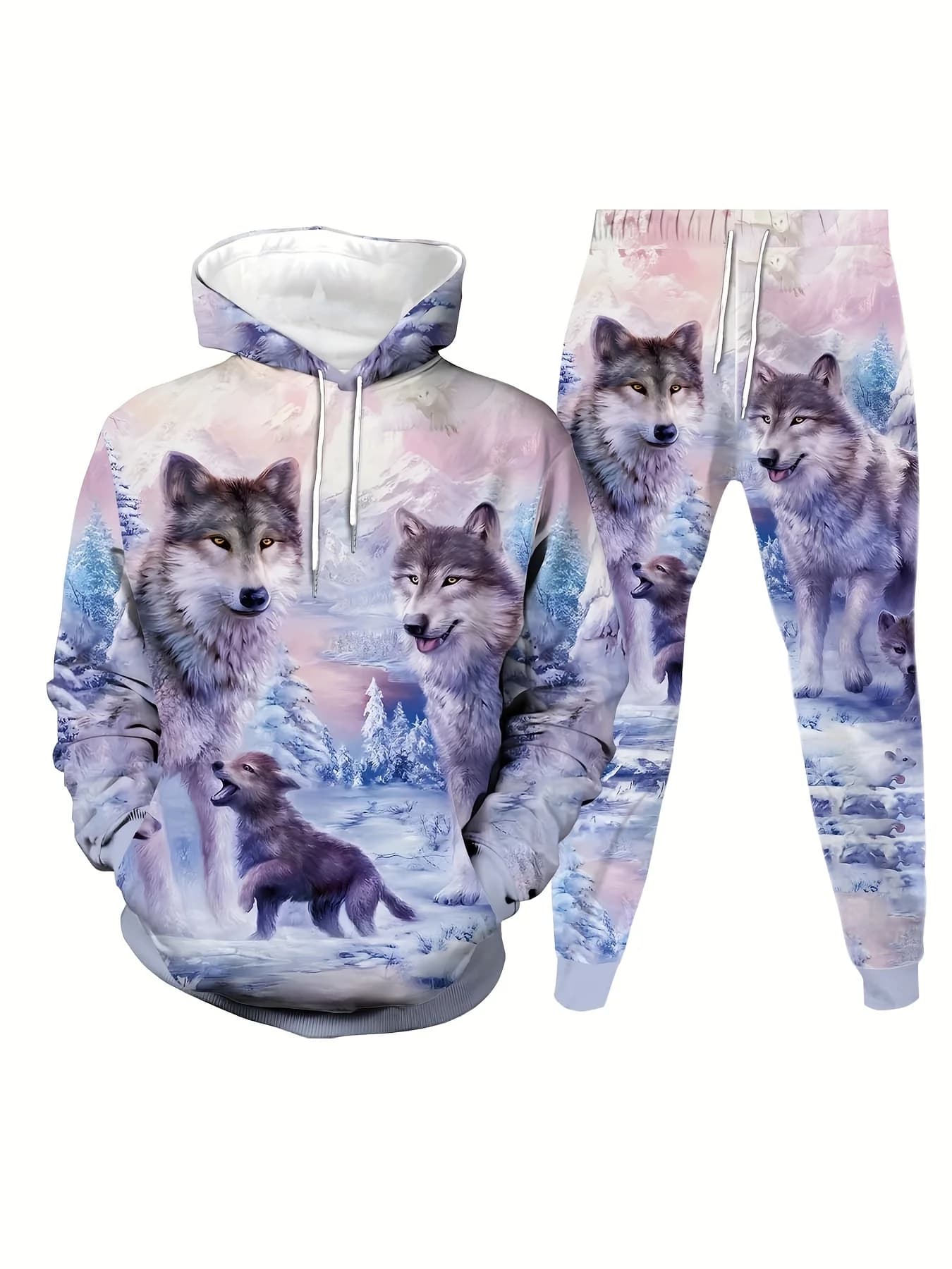 Wolf print men's two-piece casual hooded long sleeved sportswear set suitable for autumn and winter men to wear