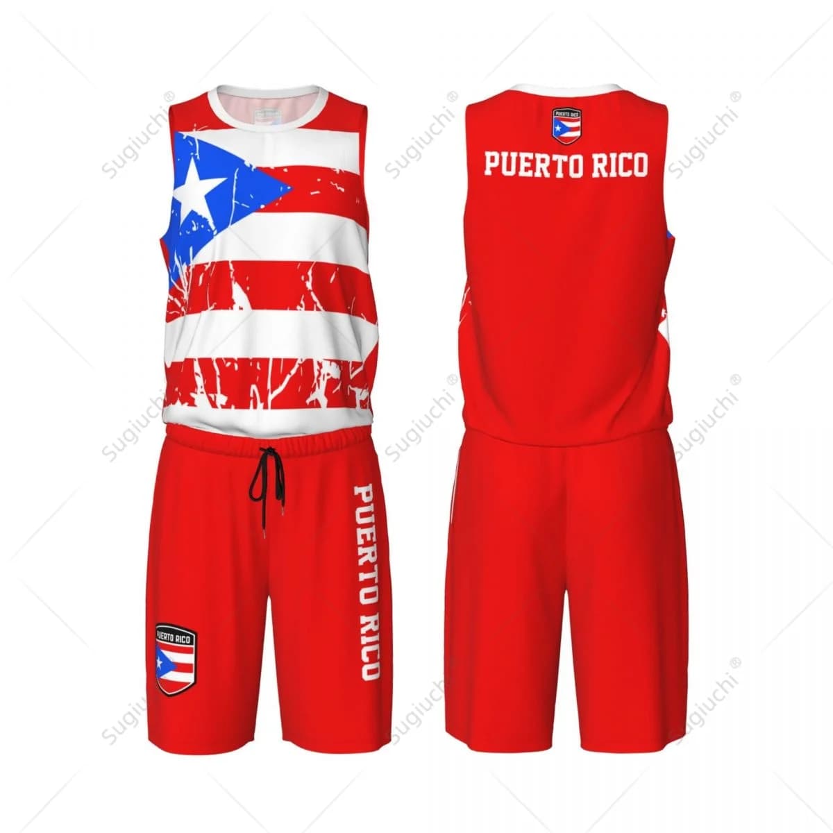 Set da basket da uomo con bandiera di Porto Rico, camicia e pantaloni senza maniche