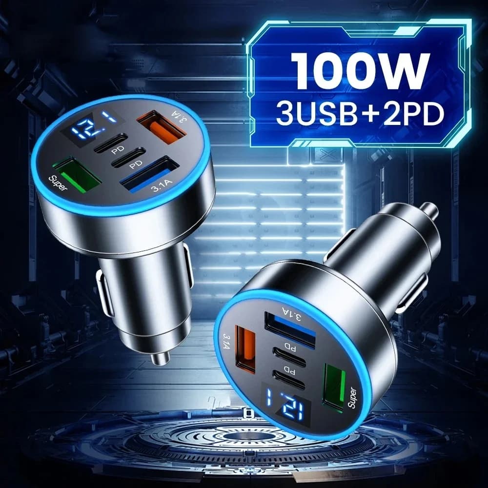 Caricabatteria per auto da 100 W QC3.0 ricarica rapida da uno a quattro prese accendisigari per auto caricabatteria per auto a 5 porte carica flash con display digitale