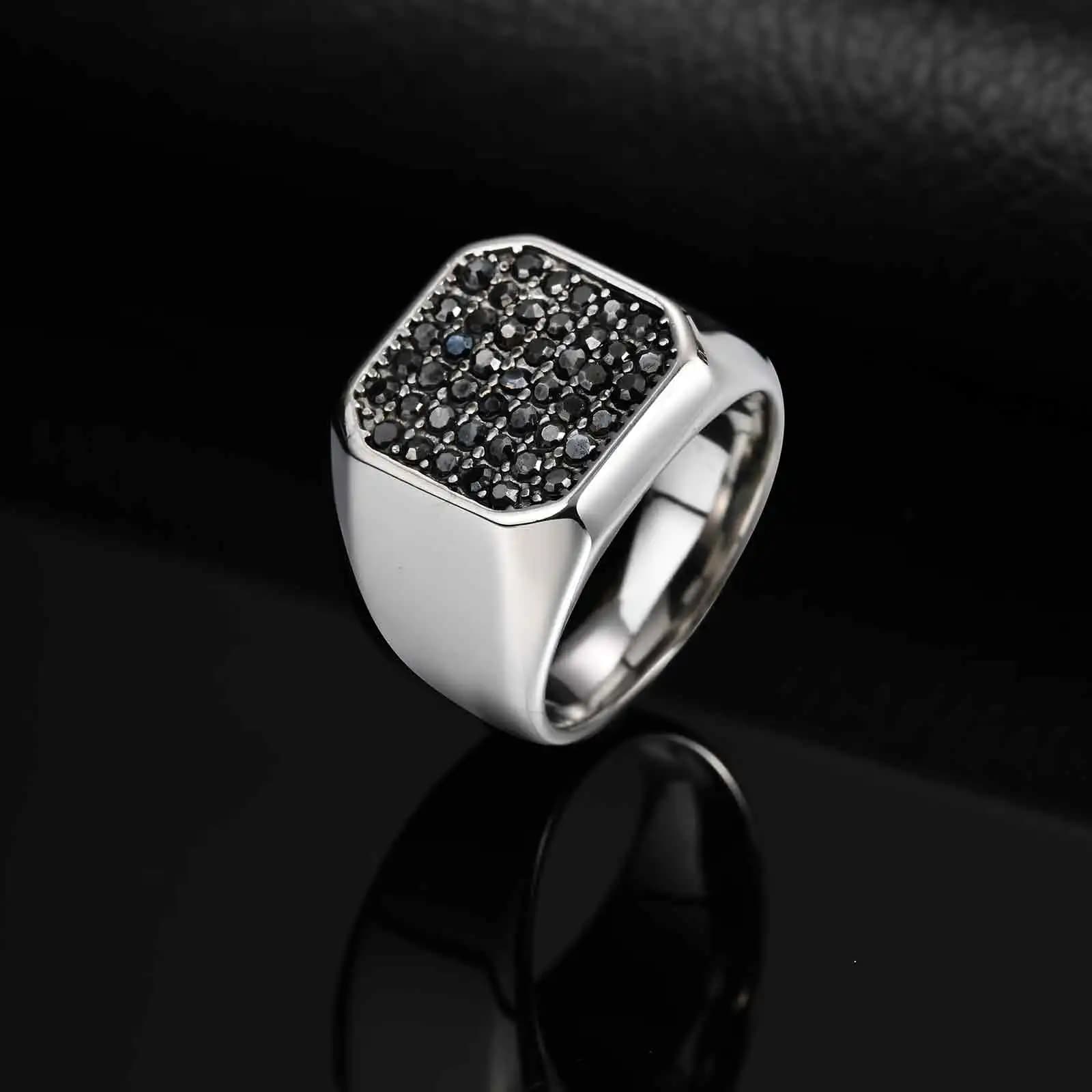 Punk Style Stainless Steel Signet Square Finger Rings for Men, Waterproof Gray Cubic Zircon Chunky Ring, Fashion Jewelry Gift