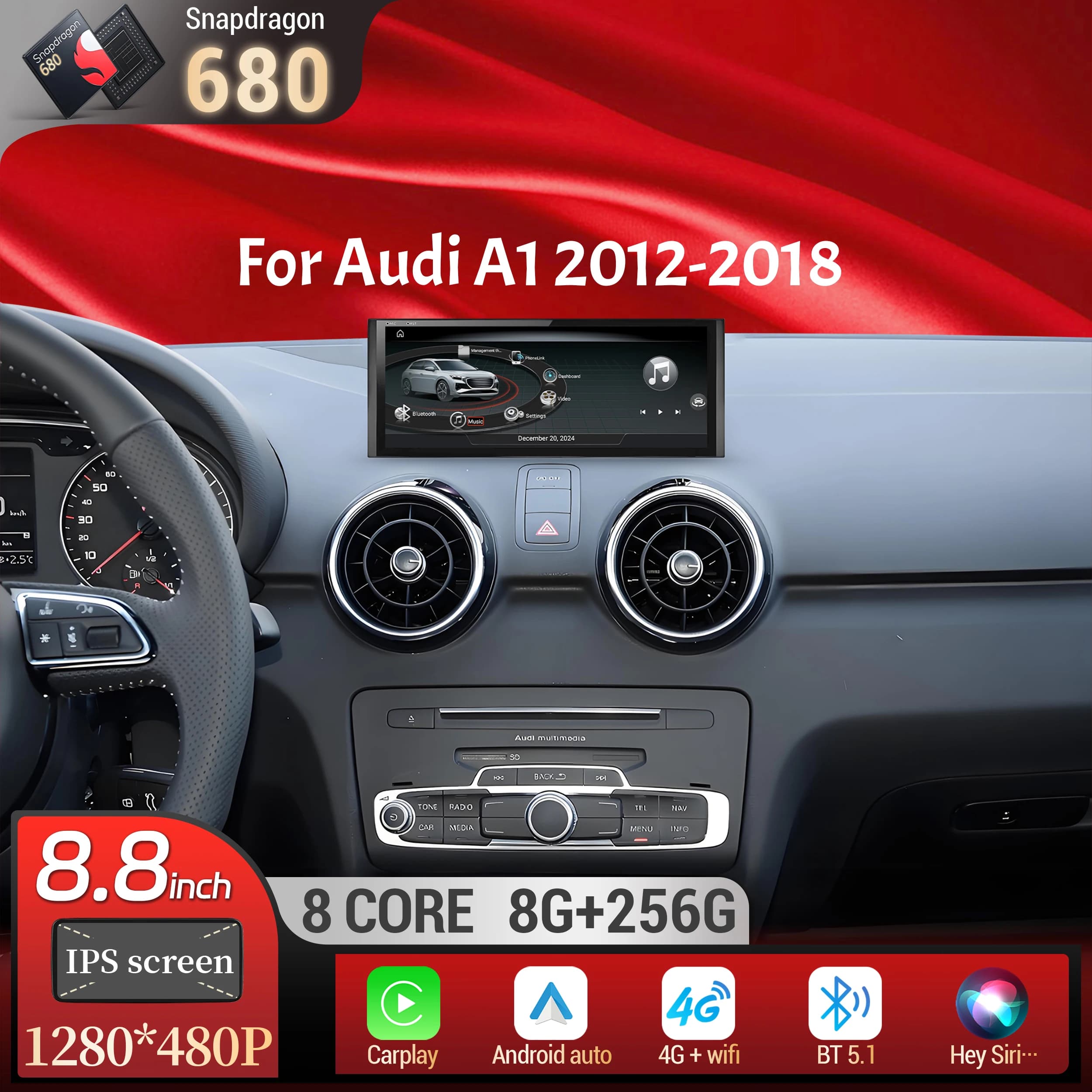 8.8 inch Android 13 For Audi A1 2012-2018 GPS Wireless Bluetooth Carplay Head Unit Qualcomm Snapdragon 680 Touch Screen Stereo