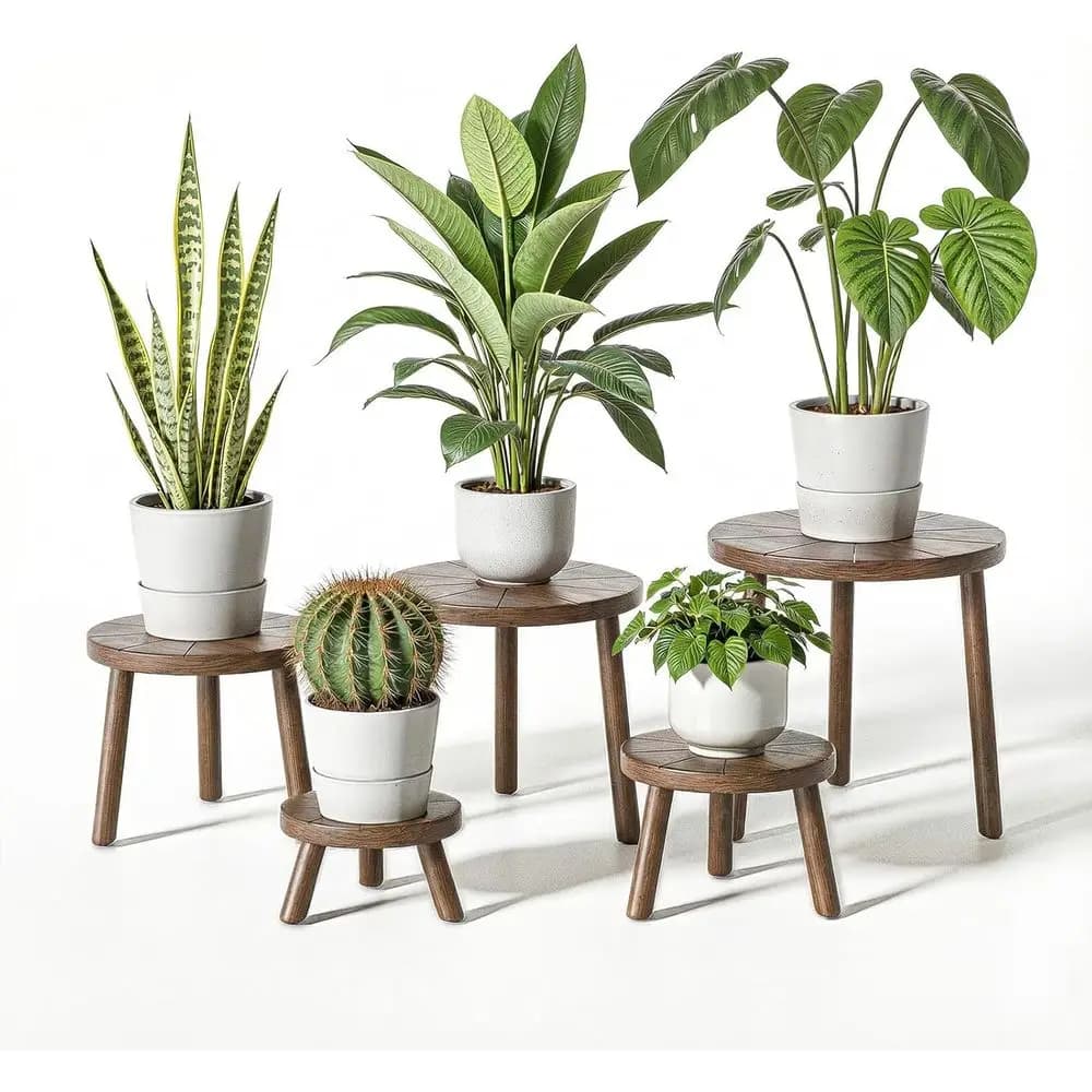 Set of 5 Supports in Wood for Indoor Plants, for 6-12 Inch Vases, Suitable for Living or Balcony